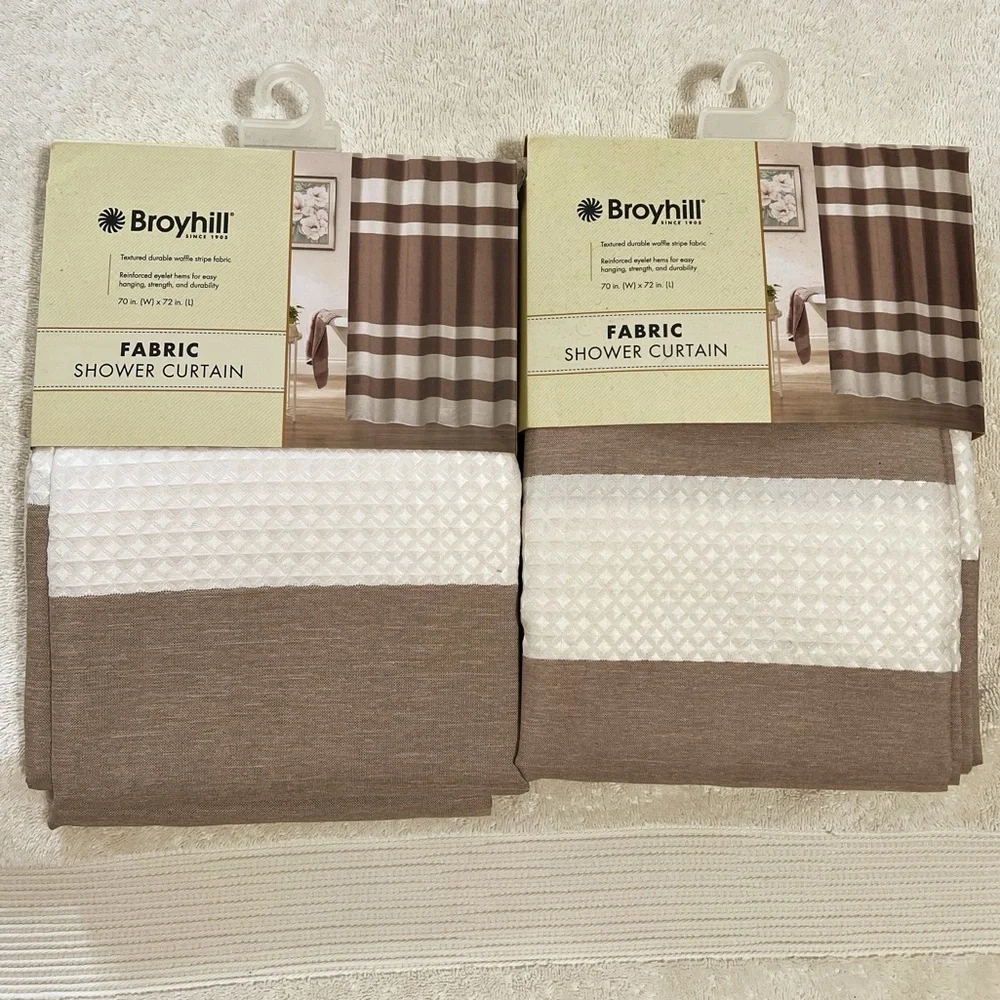 NWT! [Broyhill] Tan Cream Textured Durable Waffle Striped Shower Curtains 70x72